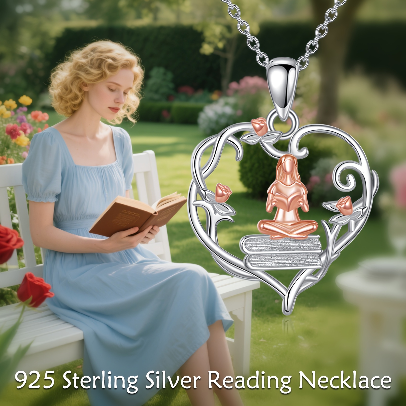 Women's Sterling Silver Reading Pendant Necklace, Book Lover Gift